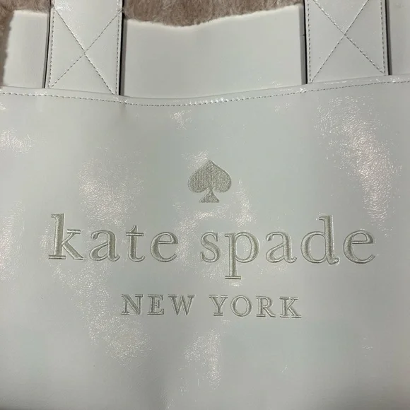 NWT kate spade Jett Faux Shearling Patent Leather Large Tote, Meringue White - Picture 8 of 15